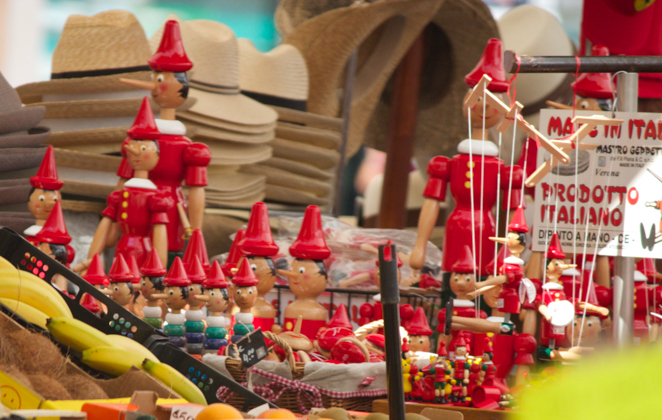 A stall in Piazza Erbe selling Pinocchio marionettes