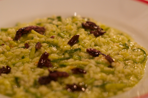 Risotto with olives and zucchini flowers
