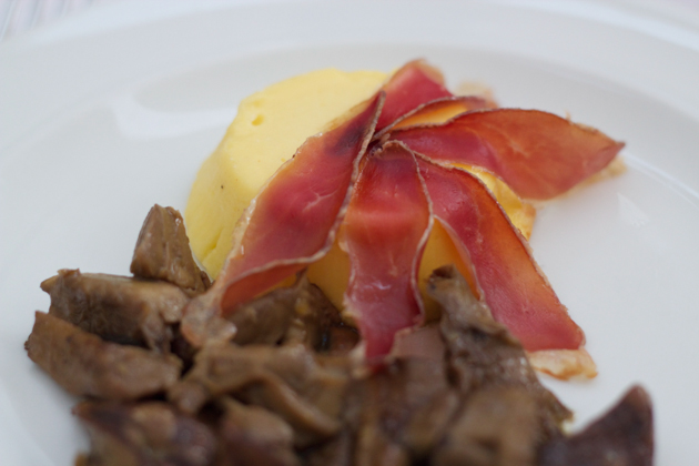 Monte Veronese flan with mushrooms and duck prosciutto