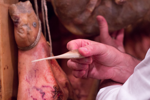 The horse bone used to puncture the prosciutto to test it