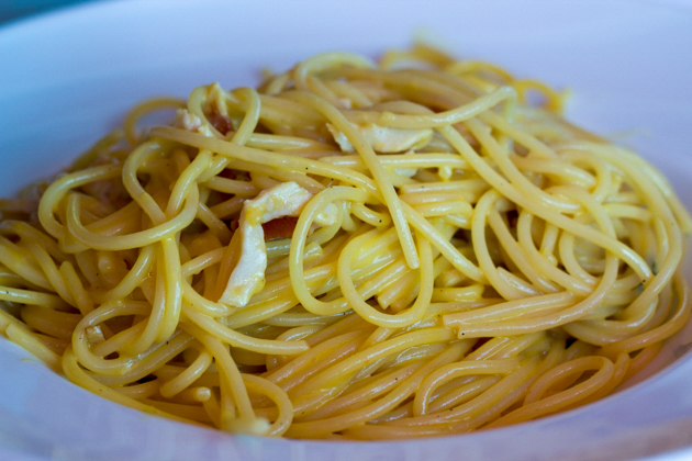 Carbonara di pesce spada (fresh spaghetti with swordfish and creamy egg sauce)