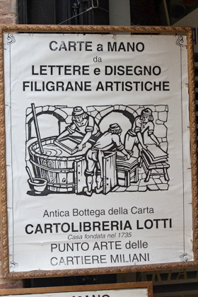 A sign for an artisan paper shop depicting the traditional process for Fabriano paper