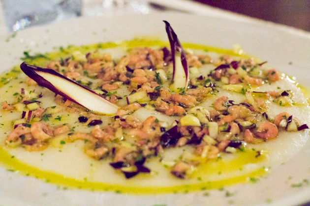 Schie e polenta biancoperla con radicchio (tiny prawns with creamy white polenta and radicchio)