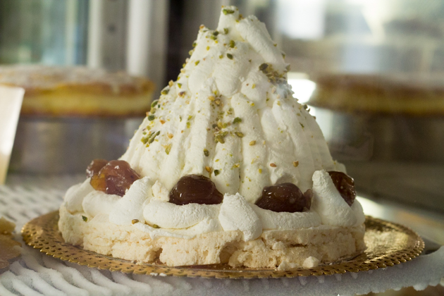 Montebianco (a mountain of chestnut purée flavoured with rum and covered with whipped cream and candied chestnuts)