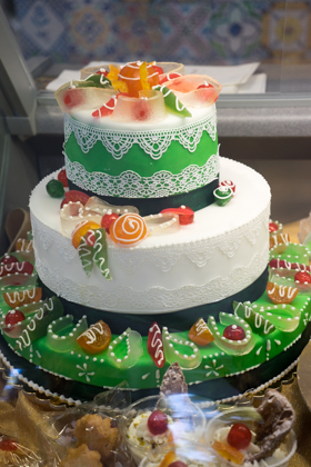 An elaborate cassata (a sponge cake filled with sweetened ricotta, glazed and decorated with candied fruit)