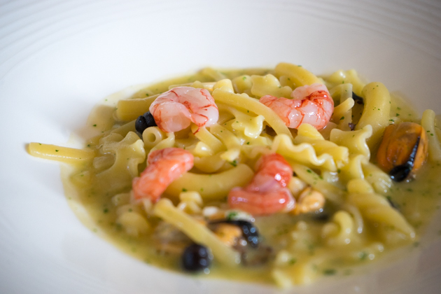 Pasta maritata (pasta with mussels, black chickpeas, red prawns and anchovy fish sauce (colatura di alici)
