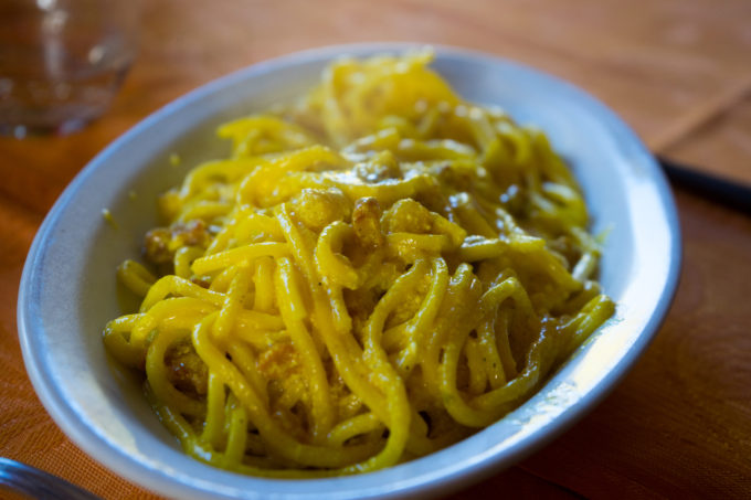 Chitarrina con zafferano, guanciale e ricotta (square cut spaghetti with saffron, guanciale and ricotta)