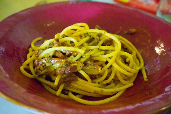 Spaghetti with guanciale and saffron