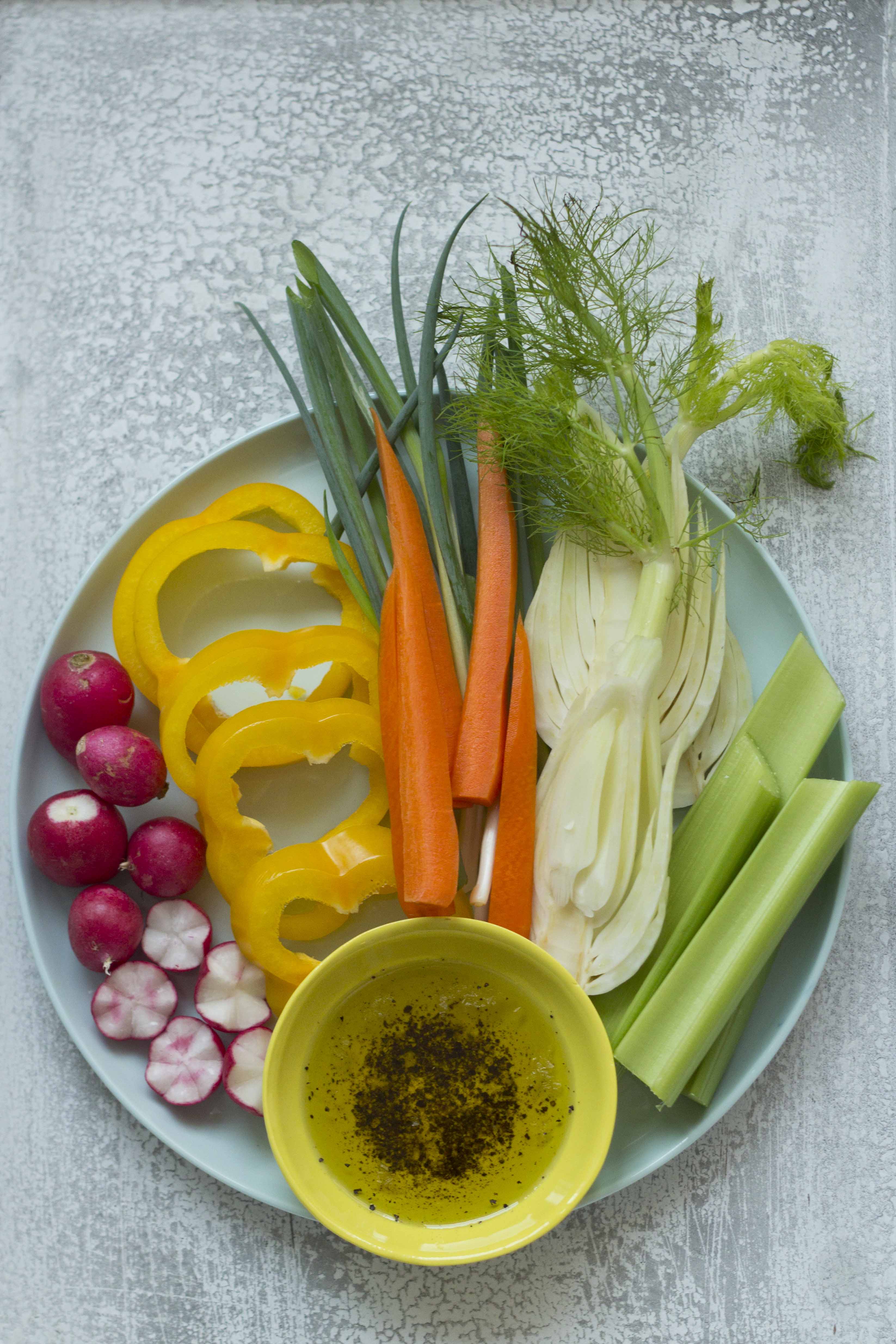 Pinzimonio, a Tuscan starter or side dish of vegetables crudite with ...