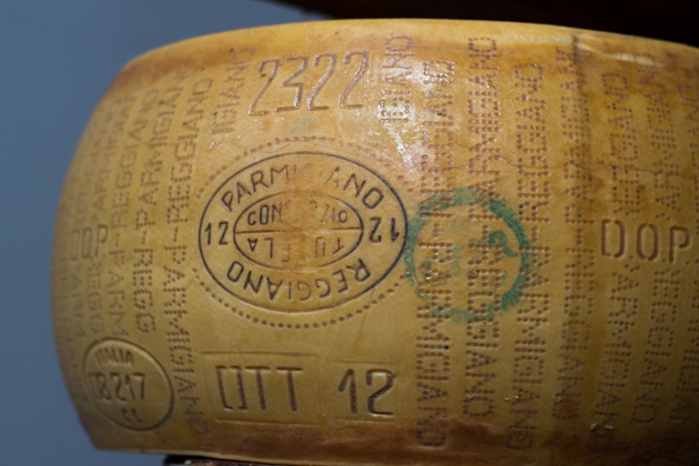A wheel of Parmigiano-Reggiano cheese (the real Parmesan)