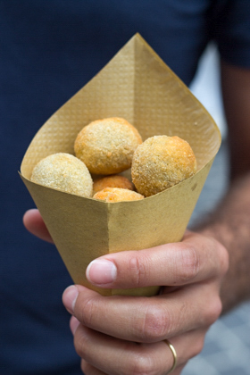 A street snack of olive ascolane (breaded and deep-fried local olives stuffed with meat) - a specialty of Ascoli Piceno