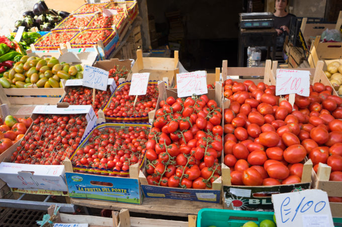 Tomatoes for sale in the market in Siracusa