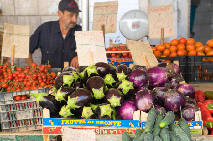 Aubergines (eggplants) for sale at the market in Siracusa